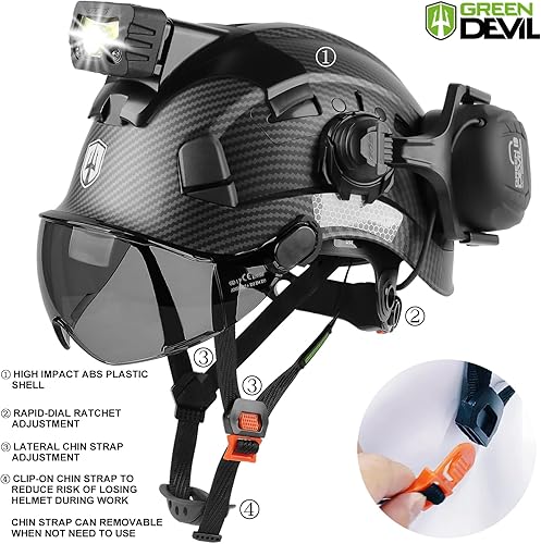 Miniatura 5 de Casco de seguridad con visera GREEN DEVIL con orejeras Bluetooth y faro 5 en 1 Protección completa Cascos de Construcción con ventilación Hardhat de