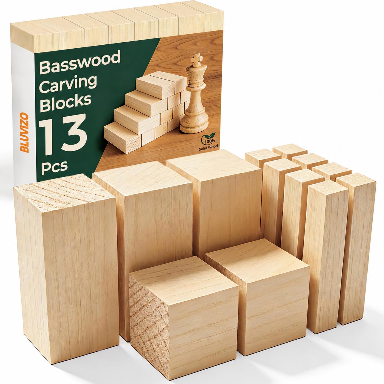 Bluvizo Basswood Carving Blocks: 13 Pcs Unfinished Wood Blocks with Sticker