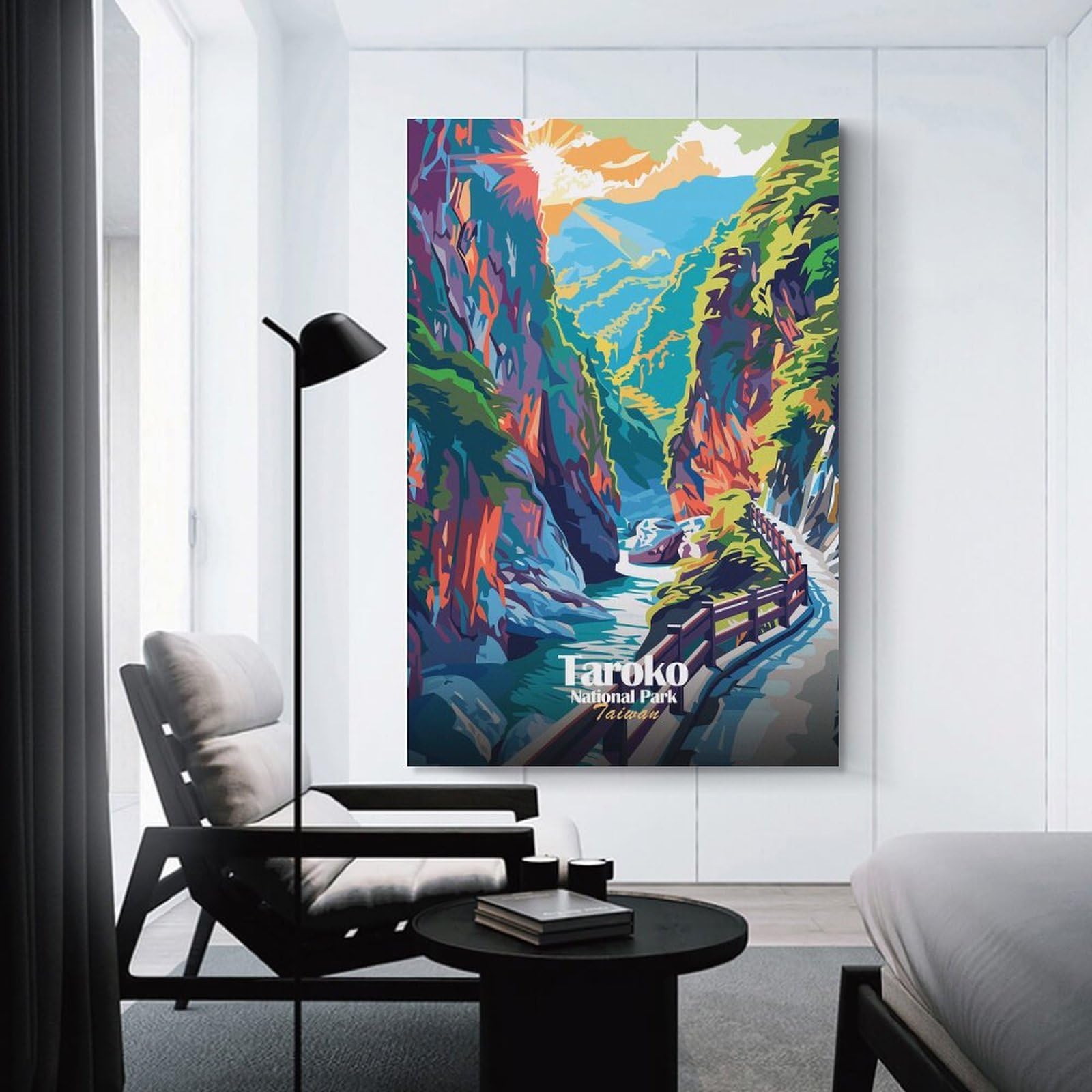 Junmoney Taroko National Park Taiwan Illustration Hanging Wall Art, 24x36inch(60x90cm), for Bedroom, Guest Room Or Reading Nook, Home Artwork with A Soft Interior Feel
