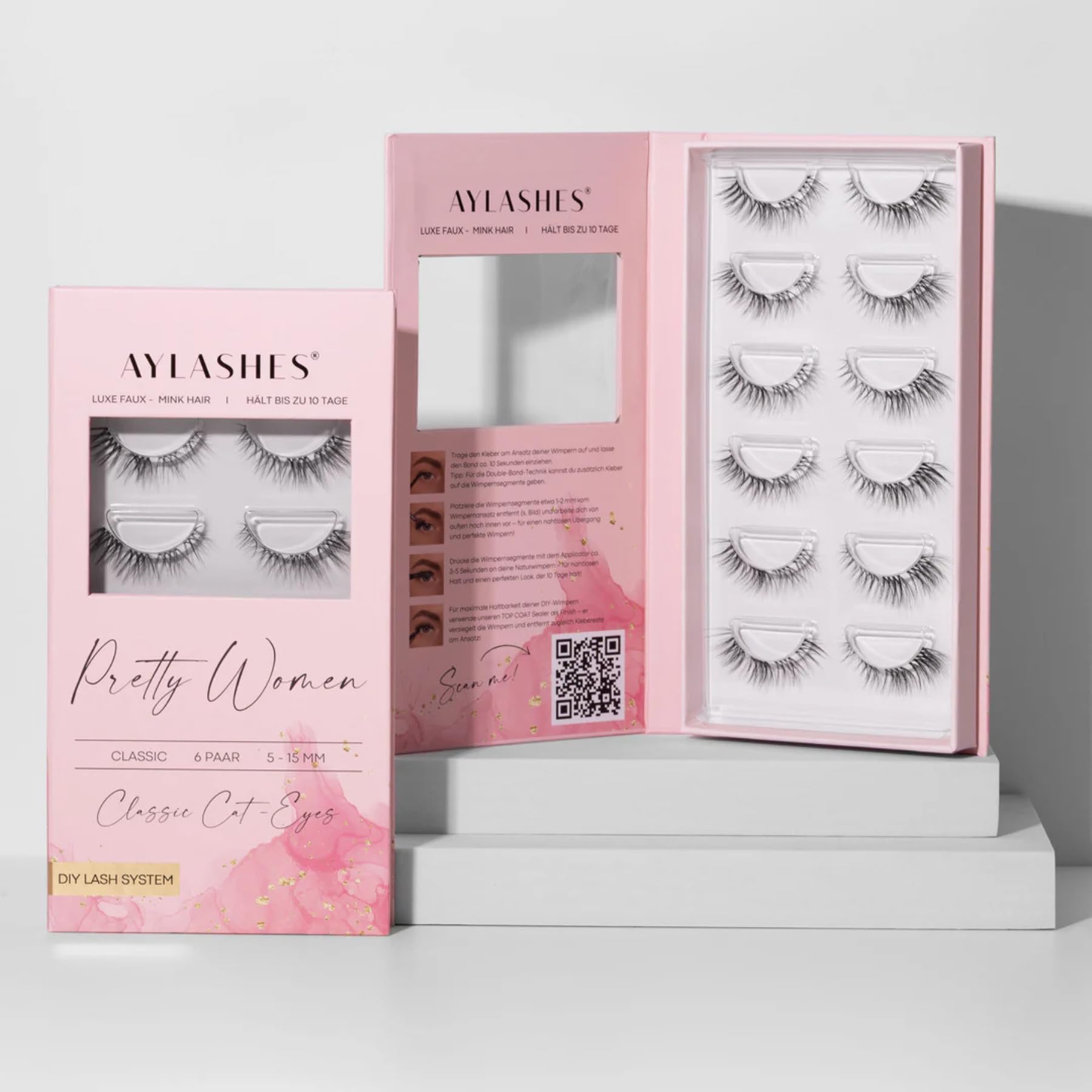 AYLASHES - DIY Wimpernextensions Starter Set Pretty Women | 6 Paar Wimpern, Applikator, Wimpernkleber, Top Coat Sealer transparent, Lash Remover | Wimpern DIY Set für zu Hause | bis zu 7 Tage Halt