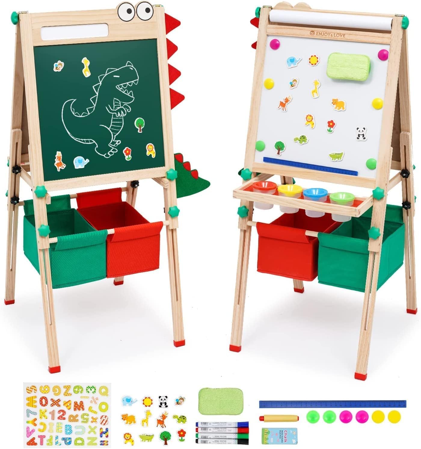 Kinderezel met papierrol, dubbelzijdig whiteboard en krijtbord, verstelbare staande ezel met cijfers en andere accessoires voor kinderen en peuters Kinderezel met papierrol, dubbelzijdig whiteboard en krijtbord, verstelbare staande ezel met cijfers en andere accessoires voor kinderen en peuters
