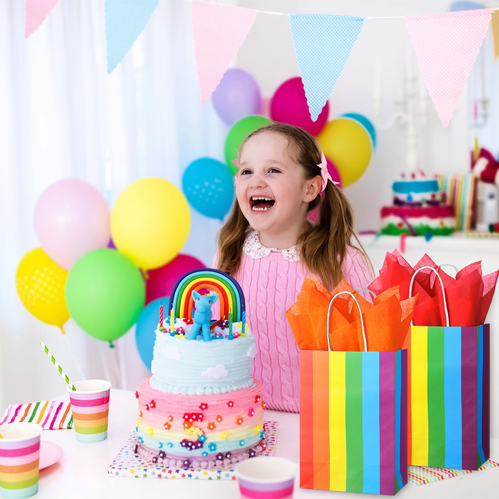 TaoBary 36 Pcs Rainbow Party Treat Bags Rainbow Gift Bags Colorful Stripes Kraft Paper with Handles and Colorful Tissue Paper for Gay Parade Festival Party Supplies