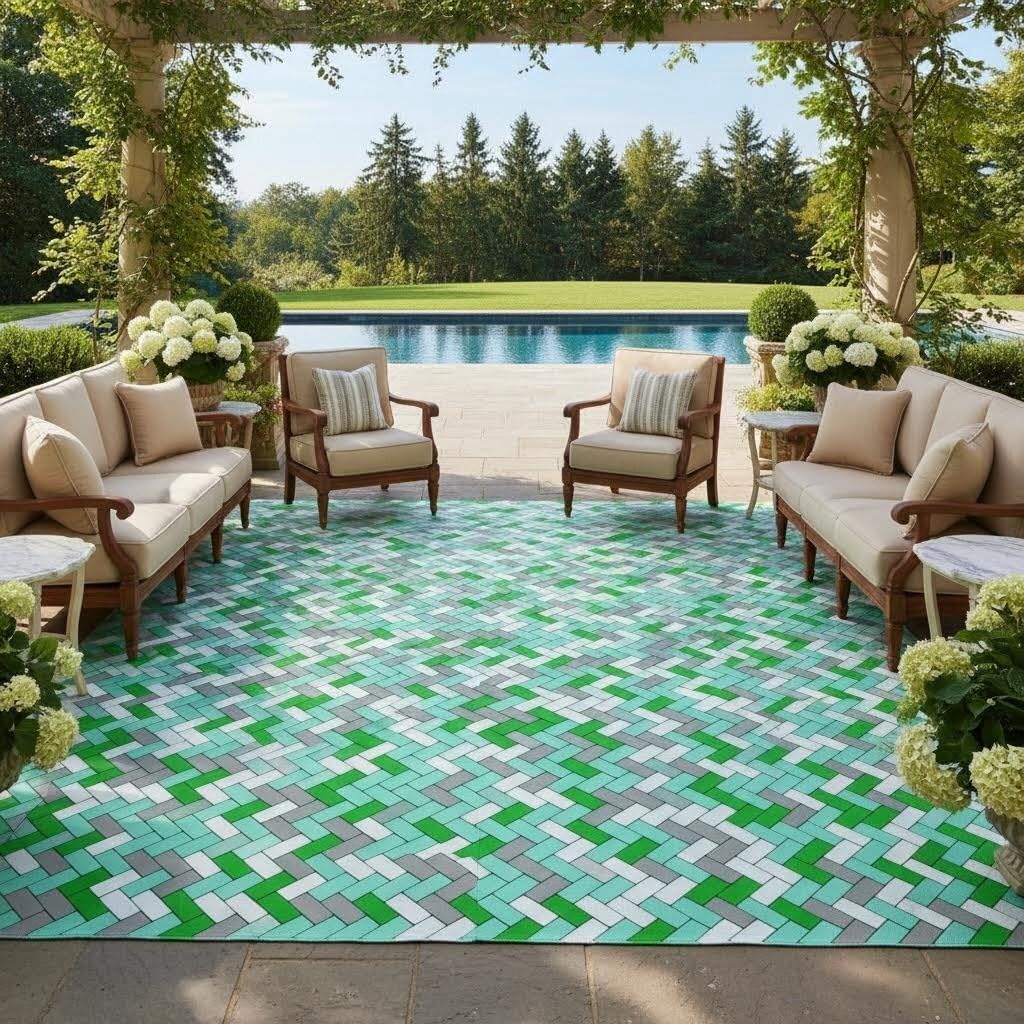 Green White Grey Geometric Splicing Brick Tile Pattern 5x7 Outside Carpet for Patio Balcony Deck RV Backyard Camping Porch Garden Thin Durable Waterproof Non Slip Easy Clean Quick Dry Mats