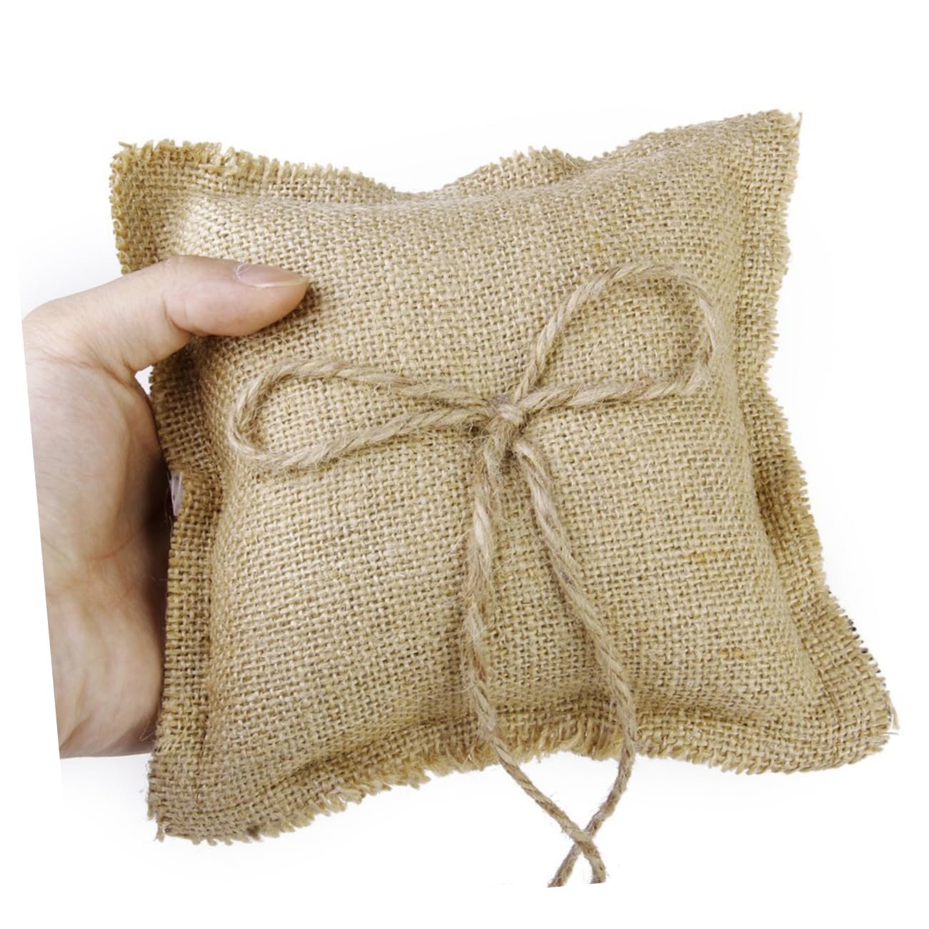 ULDIGI Jute Wedding Ring Pillow Ring Bearer Pillow Bowknot String 15x15cm Brown