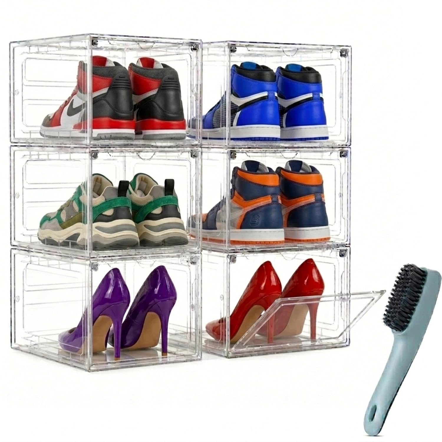 MALABI 6 pcs Shoe Storage Boxes & Cleaning Brush, Clear Stackable Boxes, Acrylic transparent Shoe Display Containers,Foldable stackable shoe boxes with Magnetic Door for Women/Men,White
