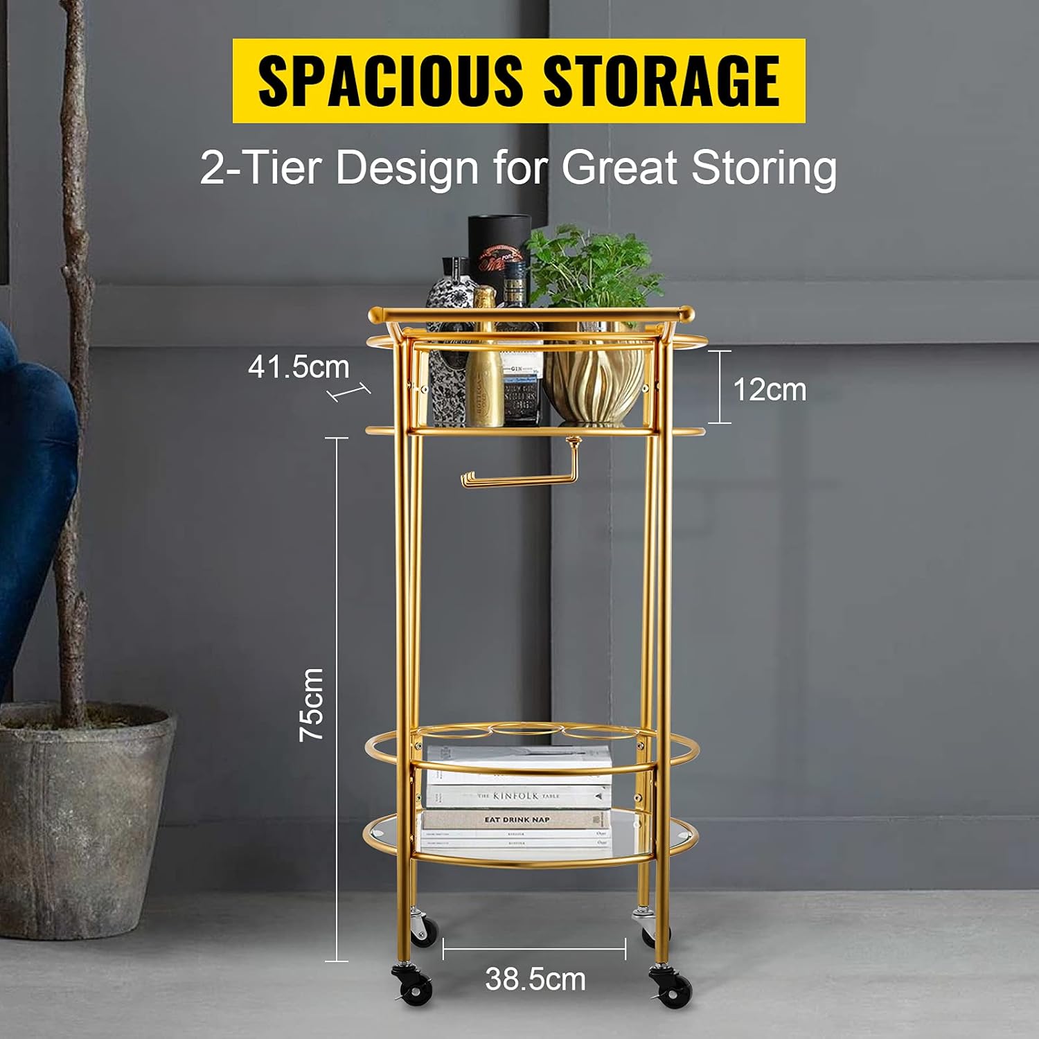 VEVOR Bar Cart, Two Tier Serving Cart, Gold Finish Wine Cart, Rolling Bar Cart, Antique Small Bar Cart, Gold Bar Cart with Wheels and Glass Holder for Kitchen, Club, Living Room, Bar (Round) - Bar & Serving Carts