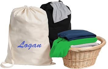 Custom Cotton Laundry Bags - Add Your Embroidered Name or Monogram - Personalized Large Drawstring Washable Hamper Tote For College, Dorms, Bathroom Organizer, Travel