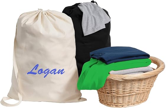 Custom Cotton Laundry Bags - Add Your Embroidered Name or Monogram - Personalized Large Drawstring Washable Hamper Tote For College, Dorms, Bathroom Organizer, Travel