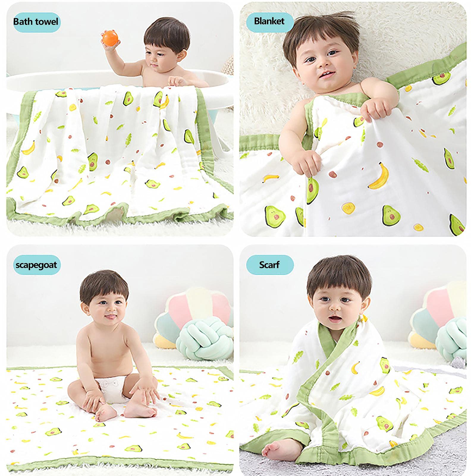 Baby Muslin Swaddle Blanket - 6 Layer, 110x110cm, Soft Cotton, Neutral Colors, 3 Pack