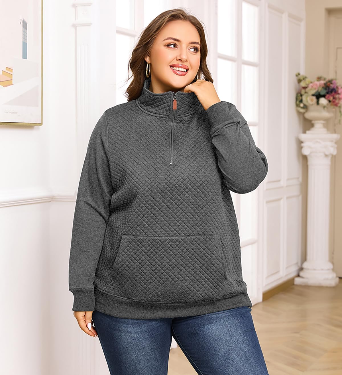 Women's Plus Size Quilted Pattern Lightweight 1/4 Zip Long Sleeve Casual Sweatshirts Pullovers Shirts Tops - Image 3