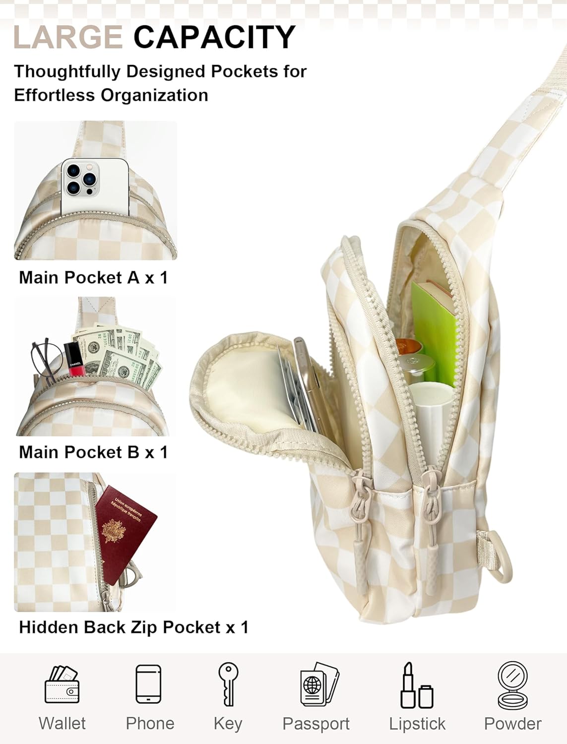 Checkered Sling Bag for Women, Small Checkered Crossbody Chest Bag with Shoulder Strap Fanny Pack Purse, Travel - Image 4