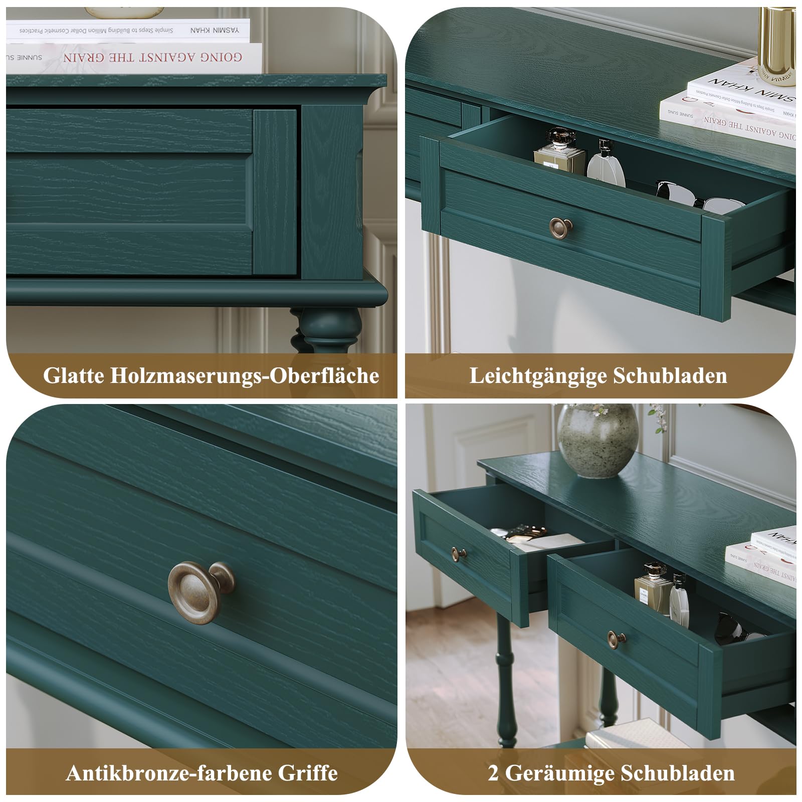 Konsolentisch mit Schubladen, Grün Konsolentisch Schmal Holz mit Schublade Konsolentische fürs Wohnzimmer, Eingang, Hausflur, Schlafzimmer