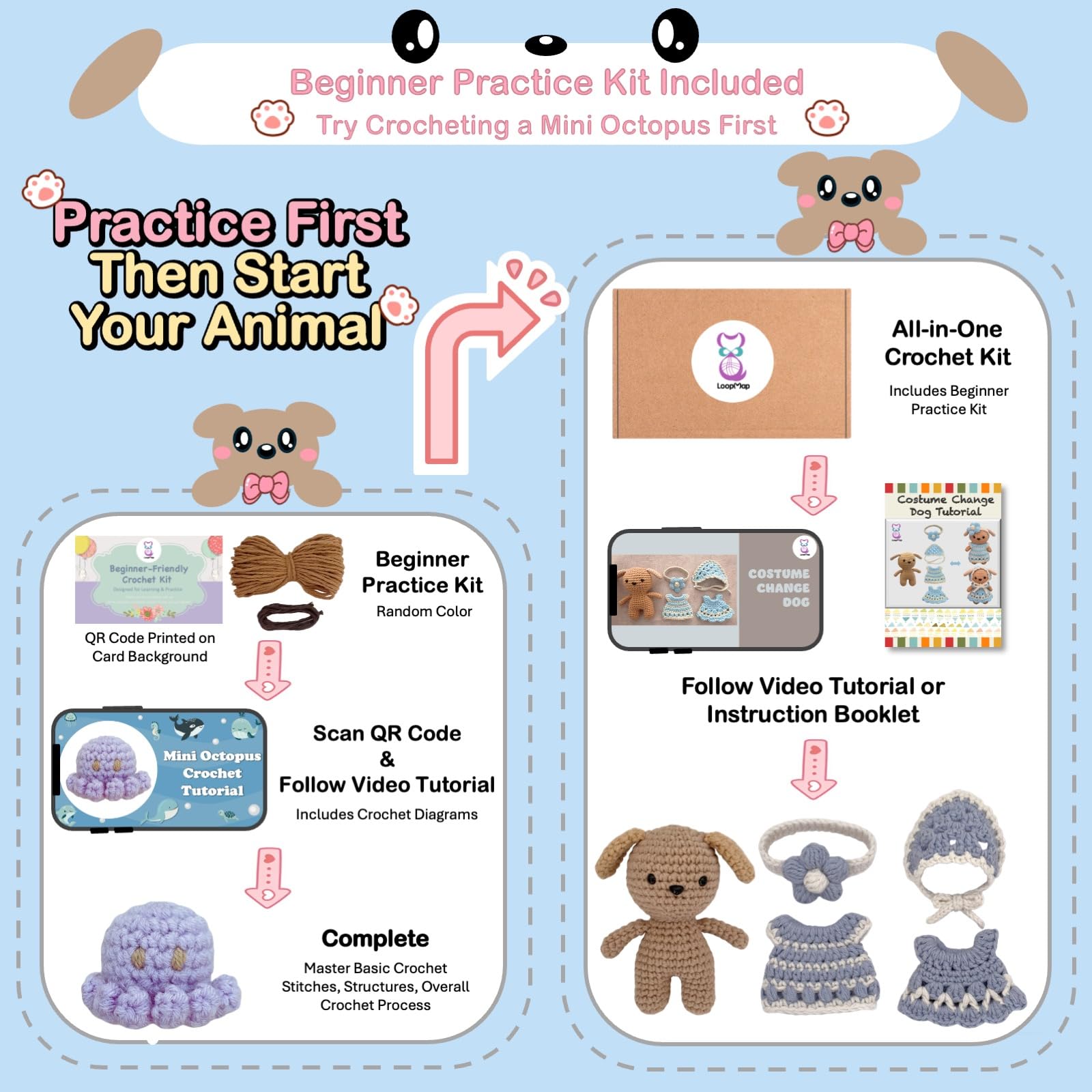 LoopMap Kit de ganchillo para principiantes, kit de bricolaje de animales amigurumis con trajes extraíbles, tutorial en video, proyecto de práctica, kit de inicio todo en uno con hilo extra, regalo