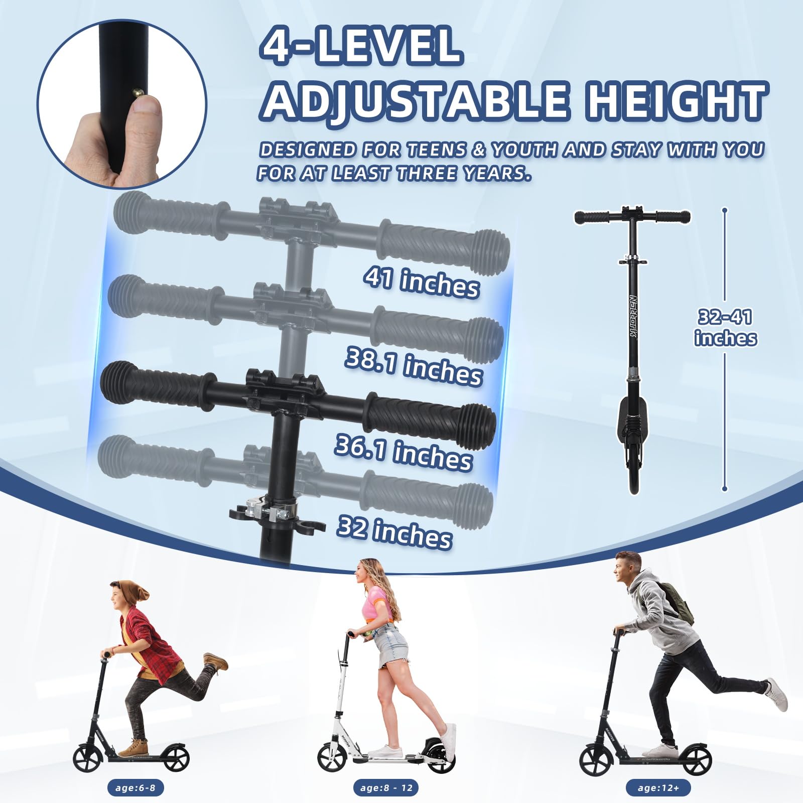 Nattork Trottinette pour enfants de 6 ans et plus, adolescents et adultes – Capacité de poids de 100 kg, amortisseur avant et guidon réglable – Roulement fluide avec roues robustes de 20,3 cm, idéale