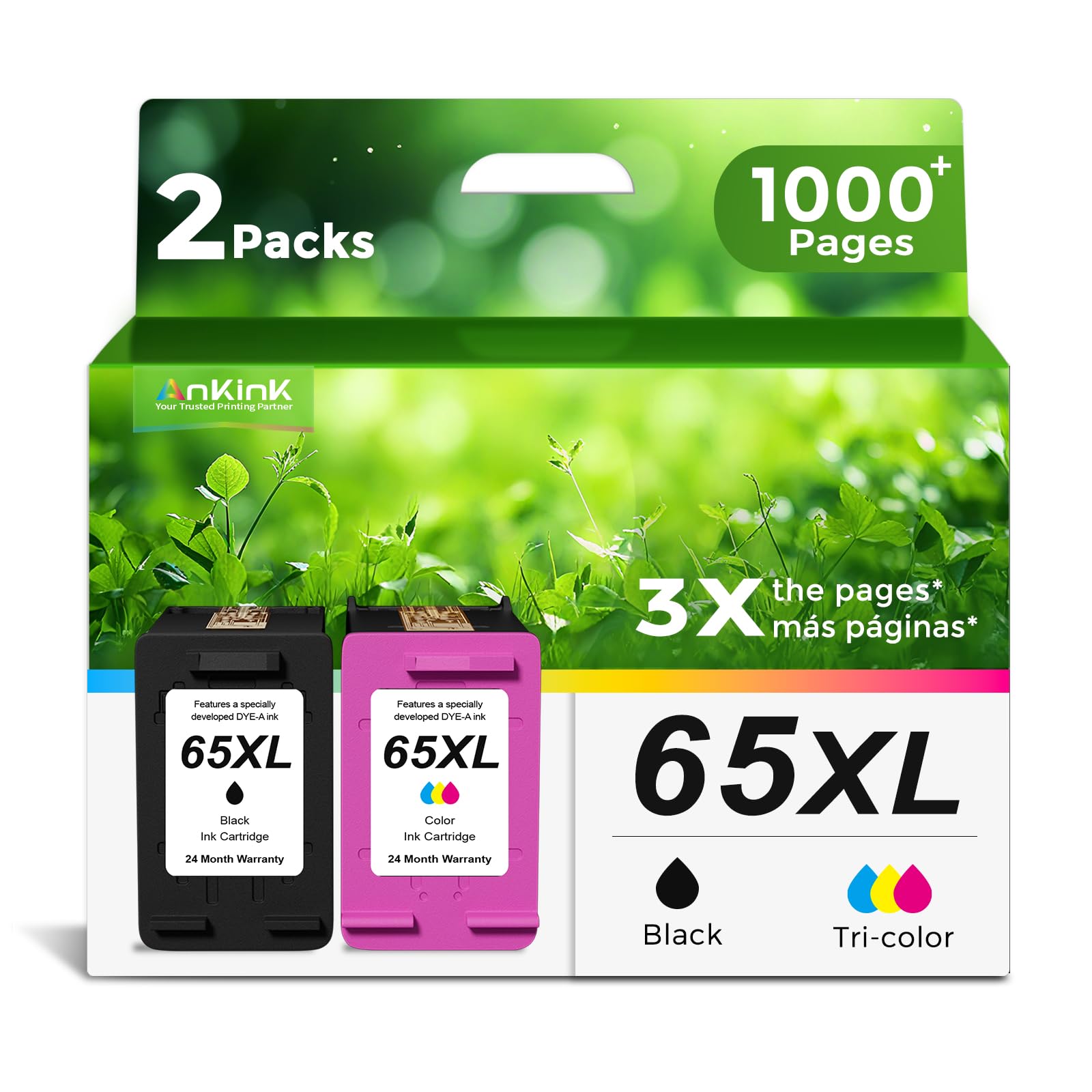 Ankink Lot de cartouches d'encre 65XL de remplacement pour HP 65 HP65 XL compatibles avec Envy 5055 5000 5052 5010 5070 5014 DeskJet 3755 3700 2600 3752 2652 2655 2622 26400 Imprimante (tricolore