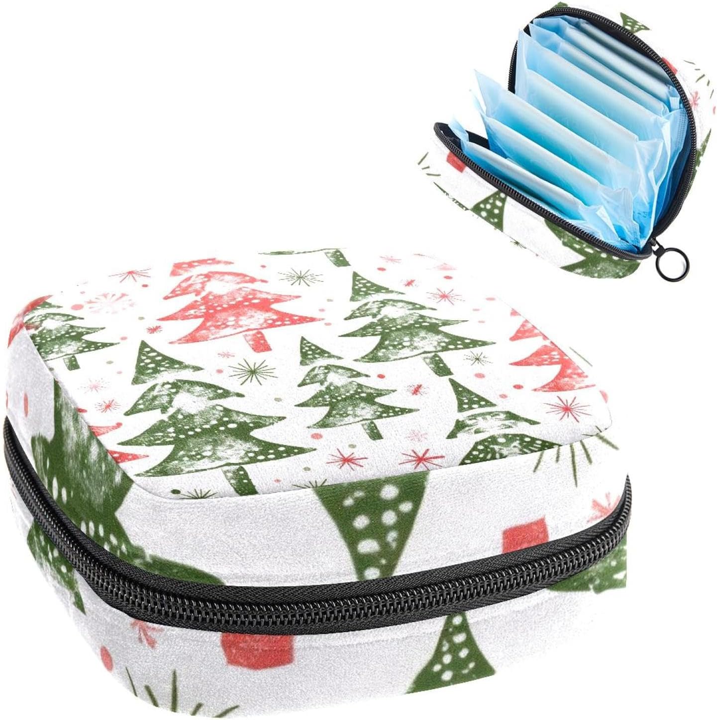 Sanitary Napkin Storage Bag, Zipper Period Pouch for Teen Girls Women, Portable Menstrual Tampons Collect Bags Red Green Christmas Snowflake Tree