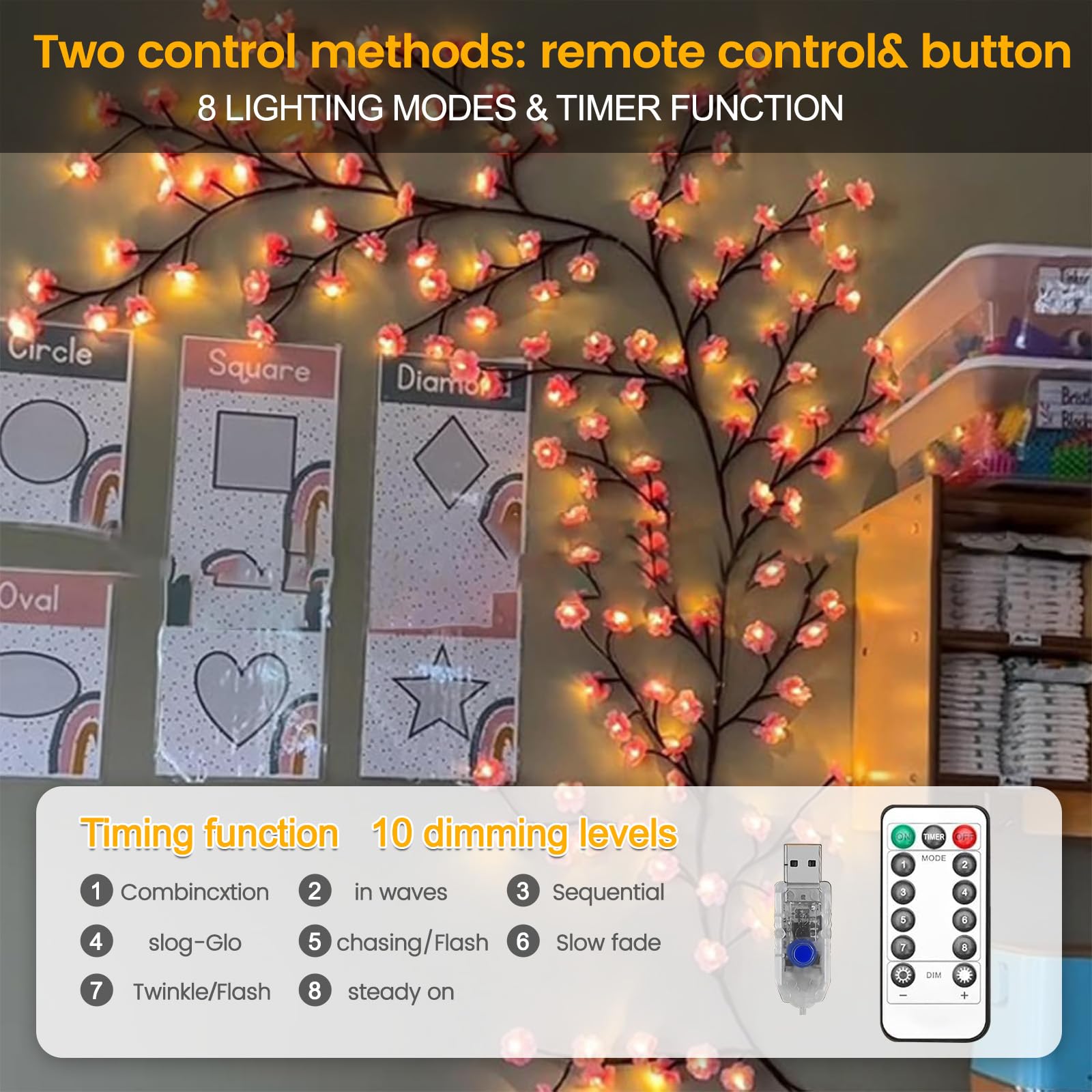BomKra Fiori di ciliegio Willow Vine Decorazione da parete - 180 cm 96 LED Catena luminosa decorativa da parete con telecomando, 8 modalità, timer alimentato USB, luci dell'albero di salice per