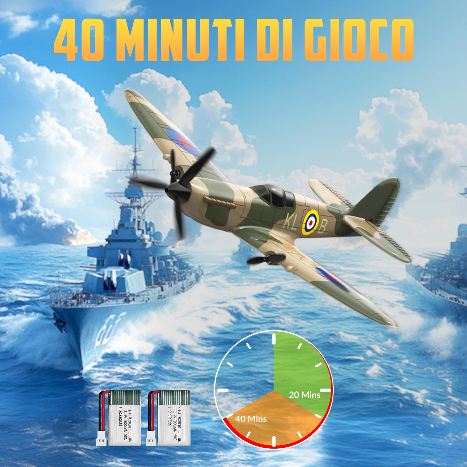 HAWK'S WORK Aereo RC a 3 Canali Spitfire Fighter, Elicottero da Guerra Telecomandato Pronto a Volare, Stabilizzatore Giroscopico a 6 Assi a 2.4GHz, Facile da Pilotare per Bambini e Principianti
