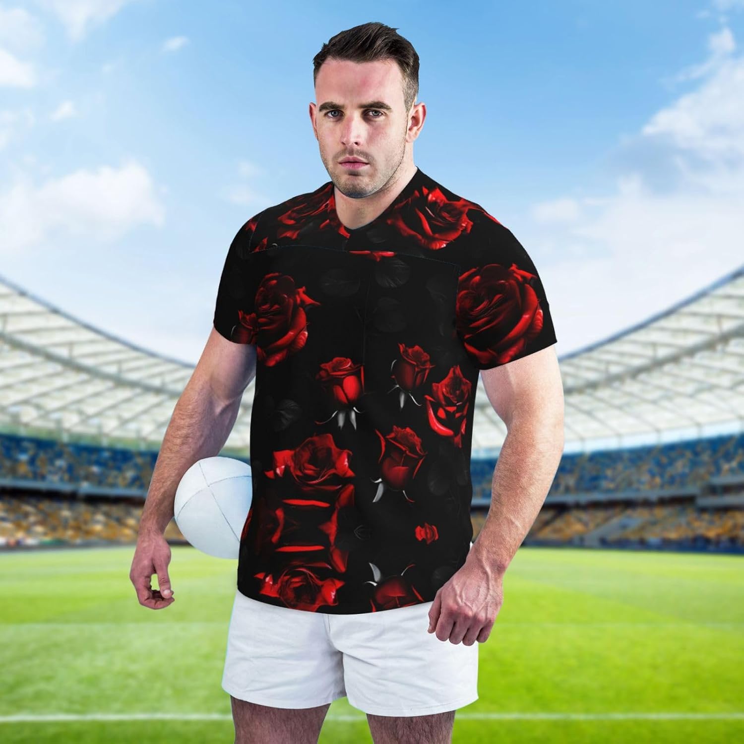 Red and Black Roses Rugby Football Jersey for Men, Comfortable V-Neck Loose Fit Top for Team Sports Athletics