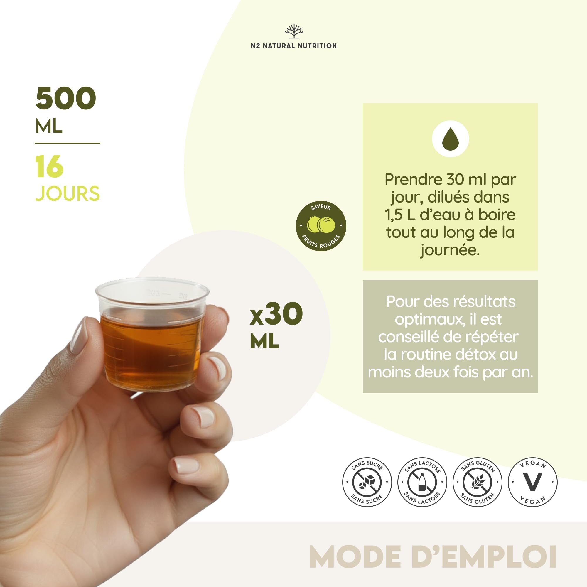 DÉTOX. Formule liquide avec Thé Vert, Pissenlit, Guarana, Papaye, Thé de Java, Maté, Groseiller Noir, Rhubarbe. 500 ml. Formule naturelle, VEGAN. CE. N2 Natural Nutrition
