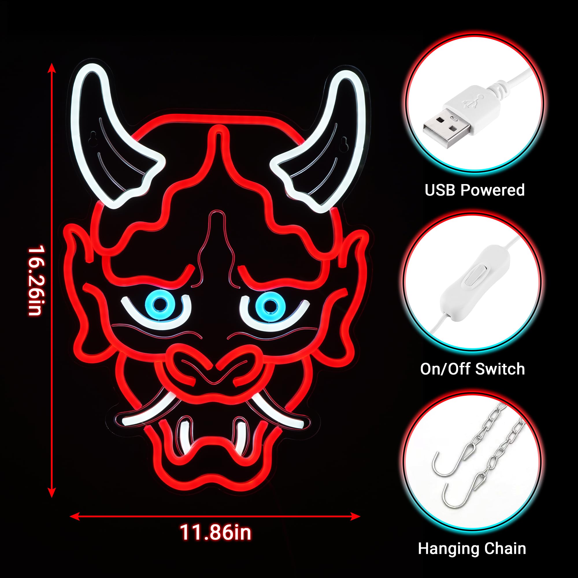 Kavaas Insegna al neon con maschera Hannya, insegna al neon giapponese anime per stanza dei videogiochi, bar, decorazione per studio tatuaggi, luce al neon a LED per camera da letto ragazzi