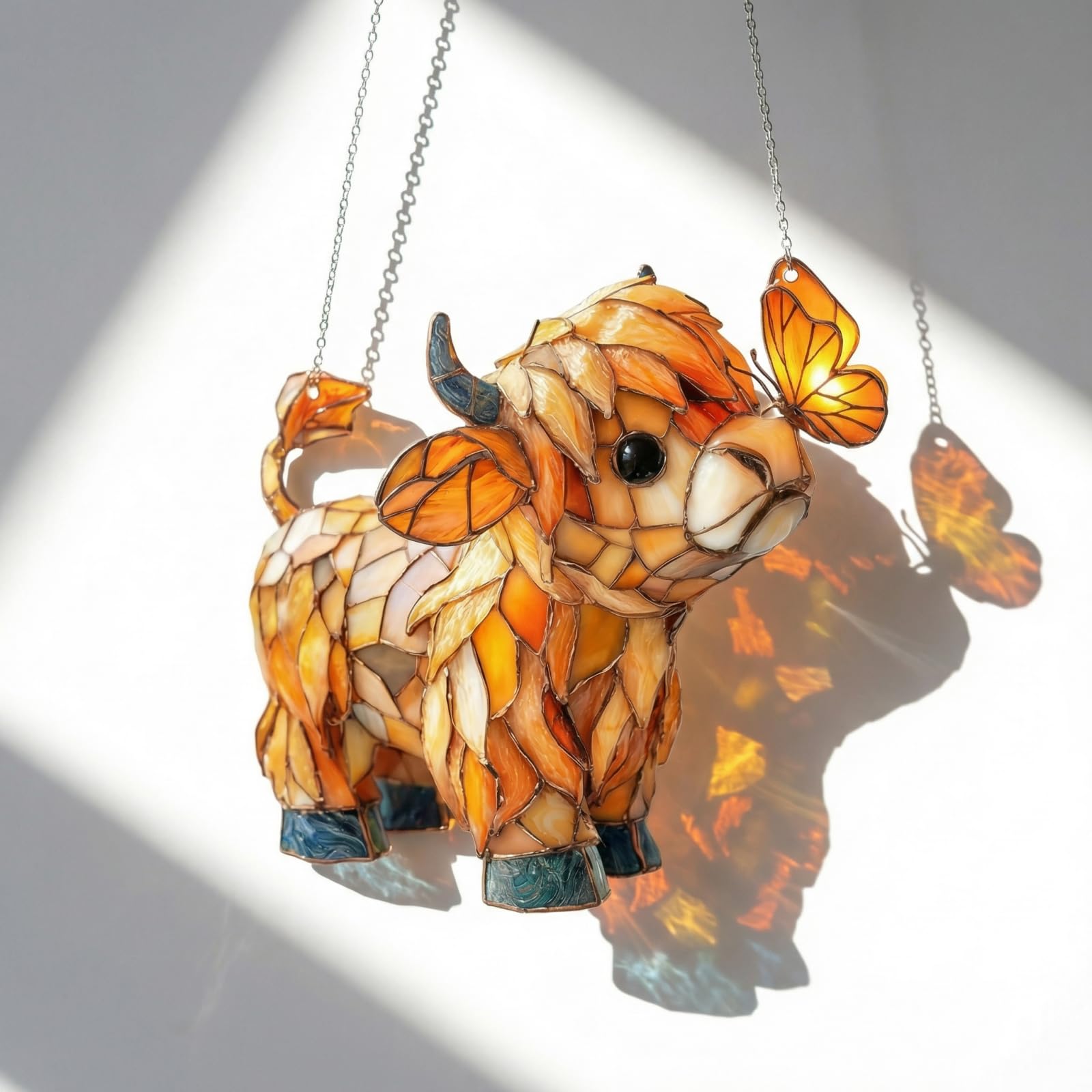 Highland Cow Butterfly Suncatcher Stained Glass Style Acrylic Window Hanging Highland Cows Ornaments Farm Animal Sun Catchers Ornament for Home Window Garden Farmhouse Decor Gifts for Cow Lovers