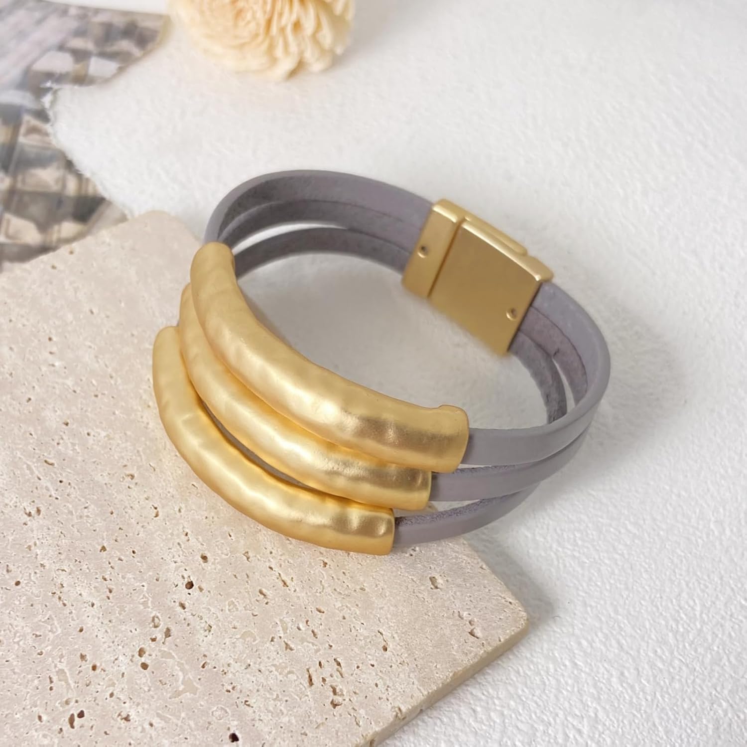 Bracelets for Women Leather Bracelet Multi-Layer Rope Wrap Bangle 14k Gold Plated Cirle Hollow Tube Boho Cuff Bangle Bracelets for Women Gift - Image 3