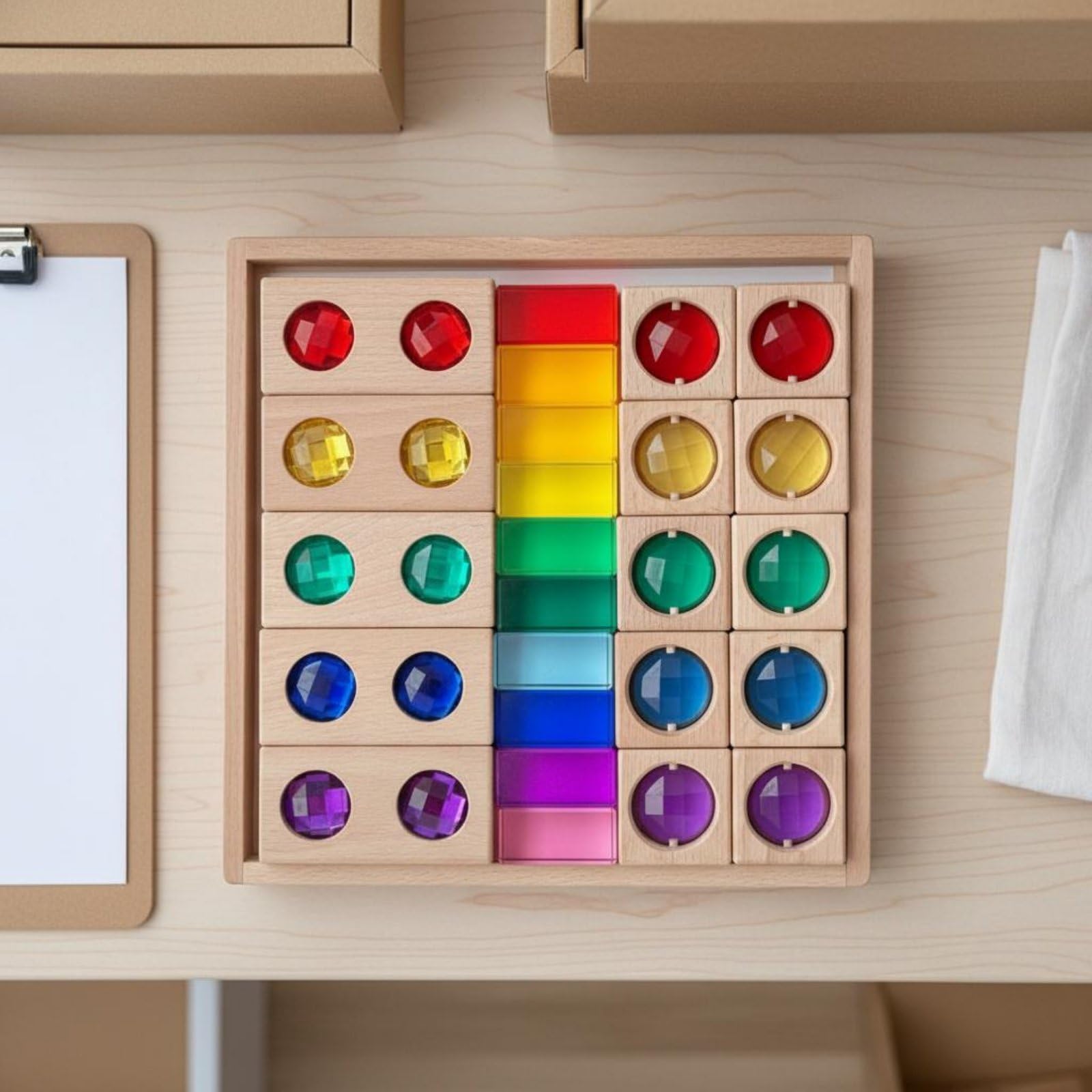 Blocchi Acrilici per Bambini Set di Gemme Cubi Educativi Blocchi Sensoriali Vassoio in Legno Gioco Manipolativo per Riconoscere Colori Forme Pattern Adatti a Scuola Casa Aula