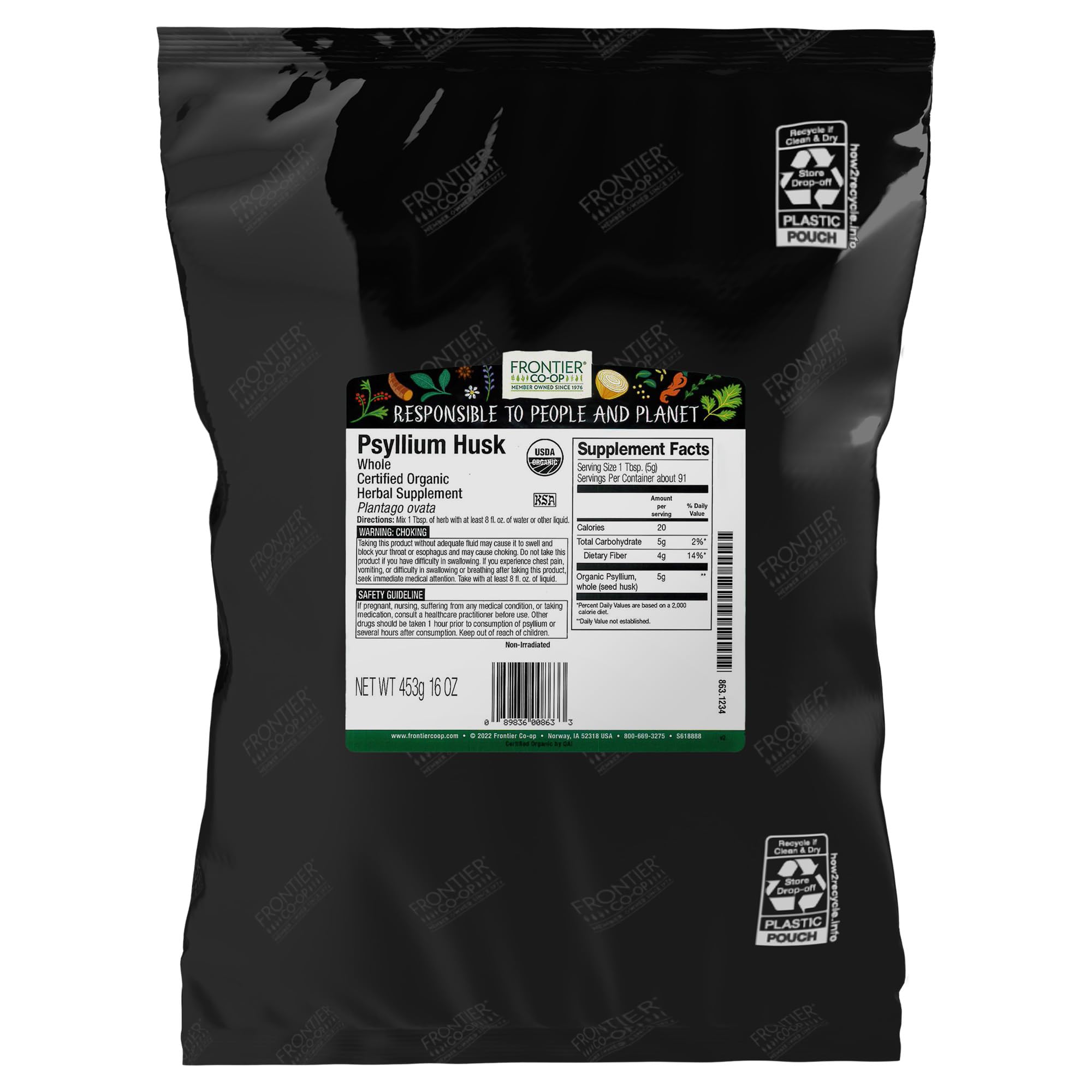 Frontier Co-op Organic Psyllium Husk 1lb - Whole Psyllium Husk, Organic & Kosher - Psyllium Husk Fiber for Baking, Psyllium Nutritional Supplement for Digestion, Psyllium Husk Powder BulkUSDA Organic