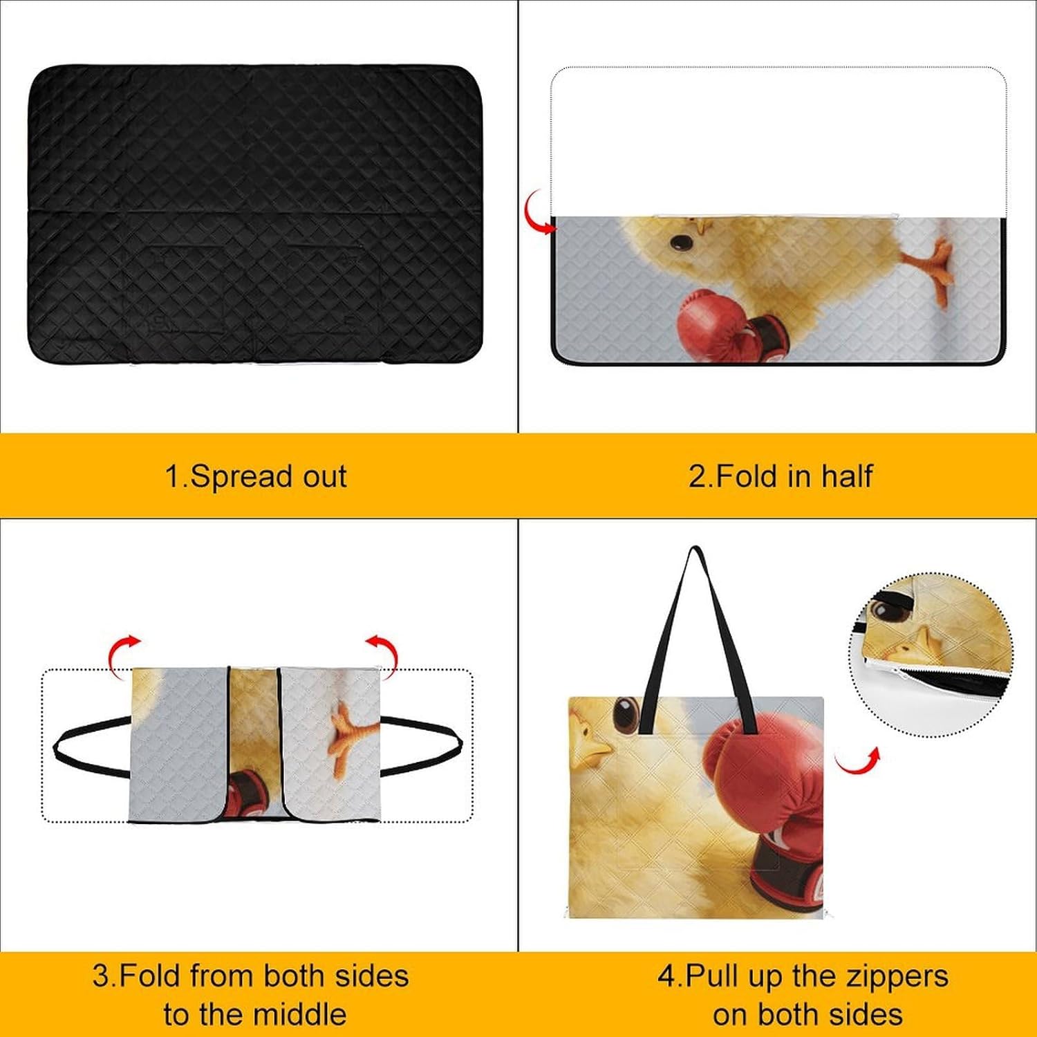 Cute Yellow Boxing Chick Picnic Blanket 150x100cm, Foldable 2-in-1 Picnic Mat and Tote Bag Portable Waterproof Beach Mat Sandproof Outdoor Blanket for Park, Hiking, Beach, Camping, Travel
