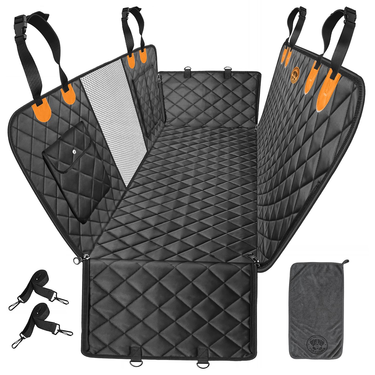 Dog Car Seat Cover 5 in 1 with free Micro Fiber Towel, Waterproof Back Seat Protector with Mesh Window And Storage Pocket, Non Slip Scratch Proof Machine Washable, Universal fits Trucks SUV
