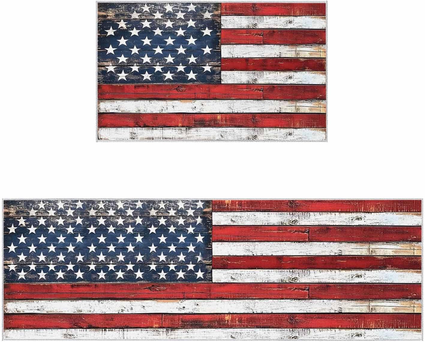 2 Pieces Kitchen Rugs and Mats,Retro USA Flag on Shabby Wood Area Runner Rug Set Non Slip Floor Doormat Washable Carpet Standing Mat for Kitchen Sink Indoor Corridor,4th of July Star Stripe Wooden