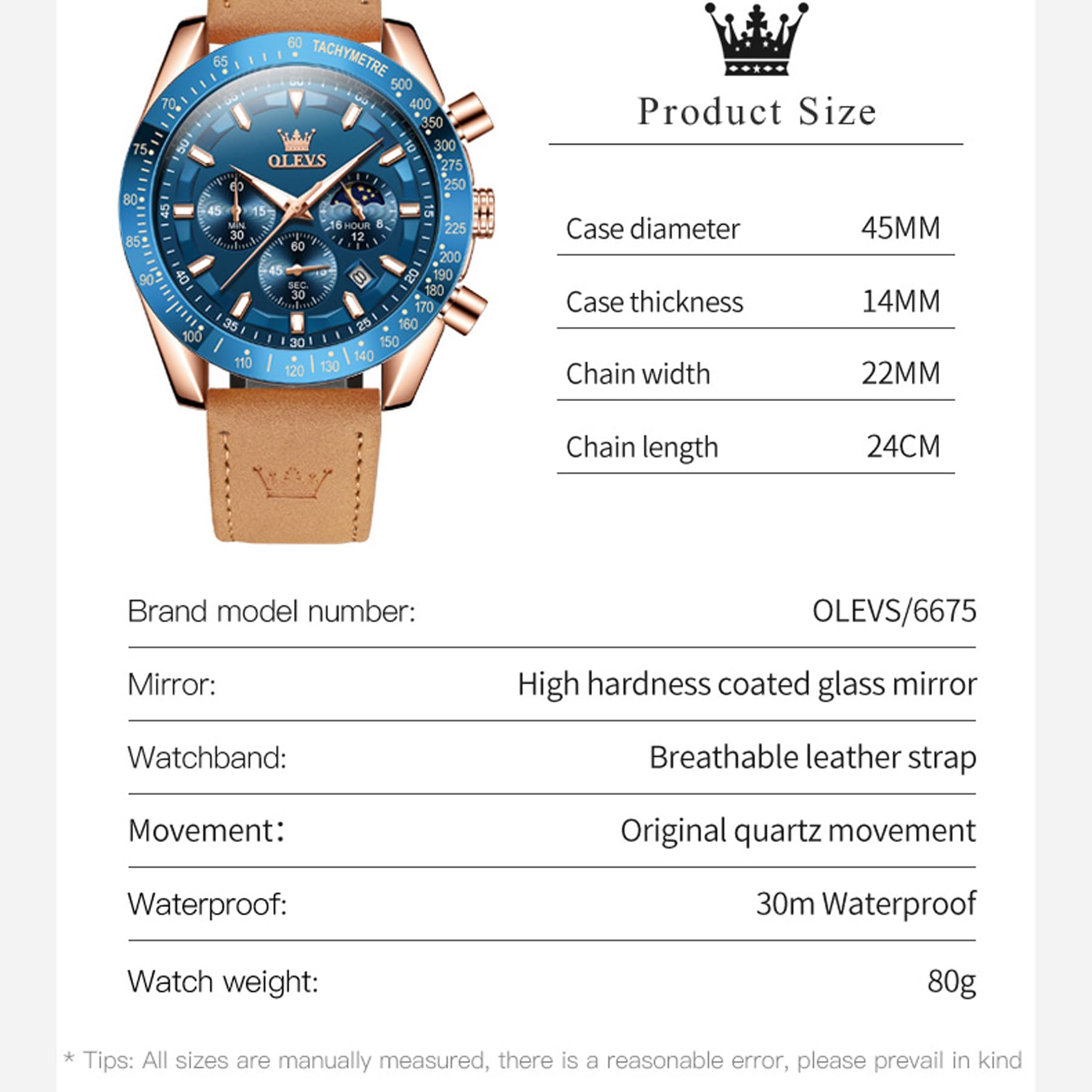 OLEVS Orologio da uomo al quarzo multifunzionale cronografo marrone cinturino in pelle impermeabile sport luce notturna moda calendario simulazione orologio, 9957- Rosa Shell Blue Face, Moderno