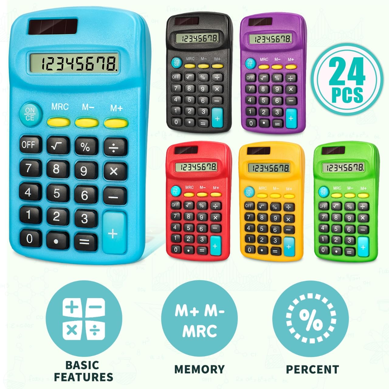 Lot de 24 mini calculatrices de poche – Batterie solaire double puissance pour étudiants, enfants, école, maison et bureau (multicolore)