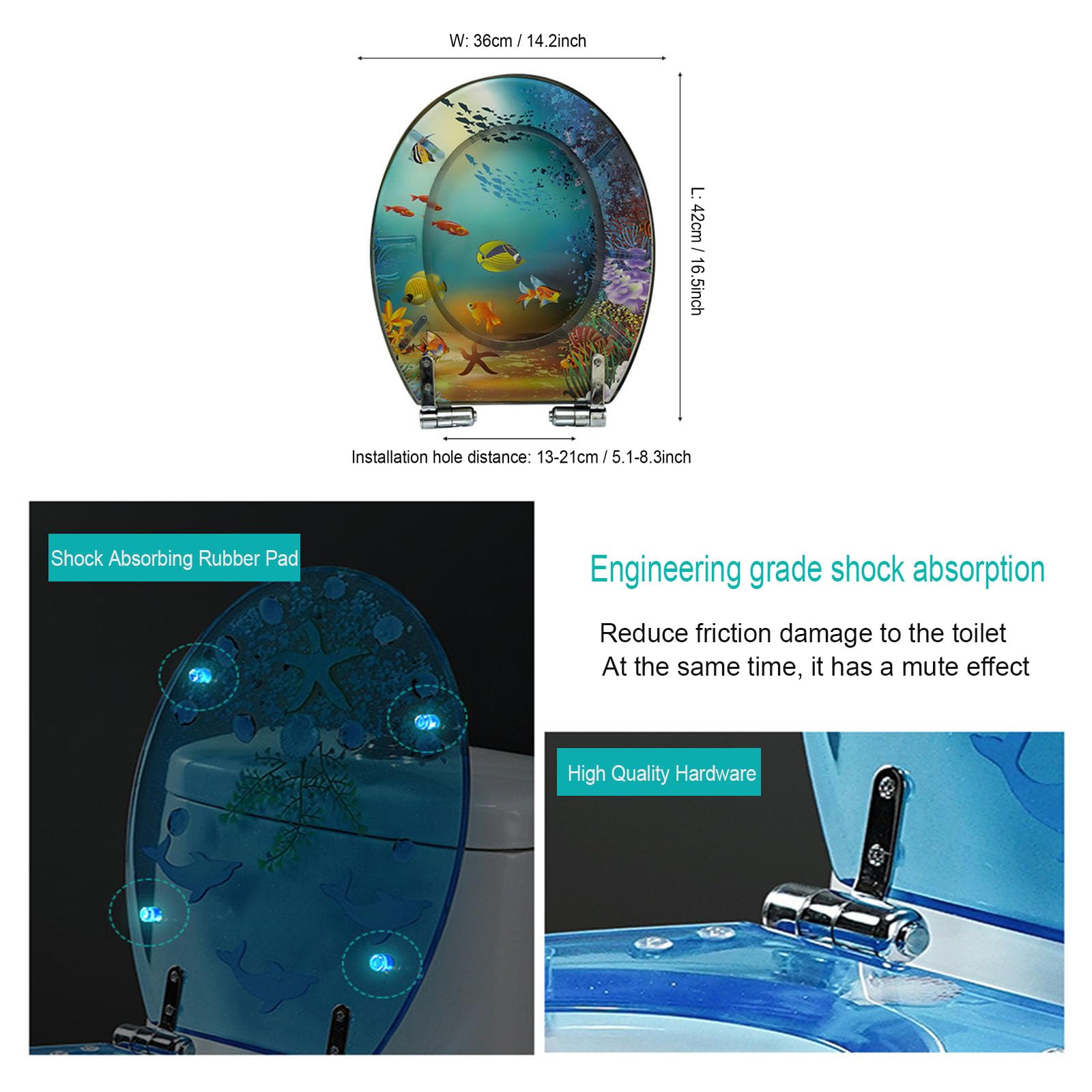 B,Okrągła deska sedesowa z żywicy Blue Seashells Deska sedesowa, Deski sedesowe z efektem 3D, seria Ocean, Deska sedesowa o wolnym opadaniu, zawiasy ze stali nierdzewnej, szybki demontaż