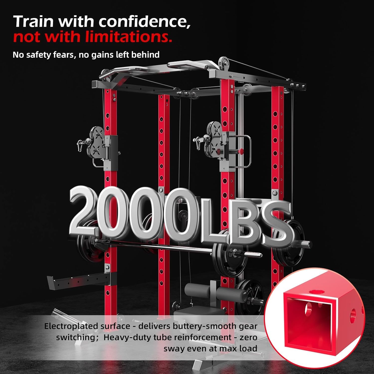 YODOLLA Power Cage 907 kg, Power Rack mit Bankdrück-Funktion, Latzug & Doppel-Kabelzug für Zuhause, All-in-One Kraftstation für Home Gym & Garage