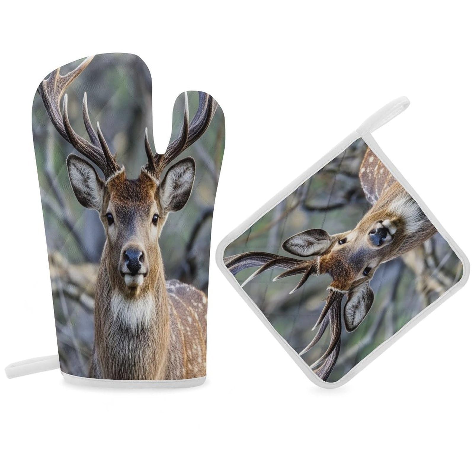 Antlers Oven Mitt Gloves and Heat Insulation Pads Double-Layer Thickened Heat Insulation Mitt Temperature Oven Gloves for Cooking Baking Grilling