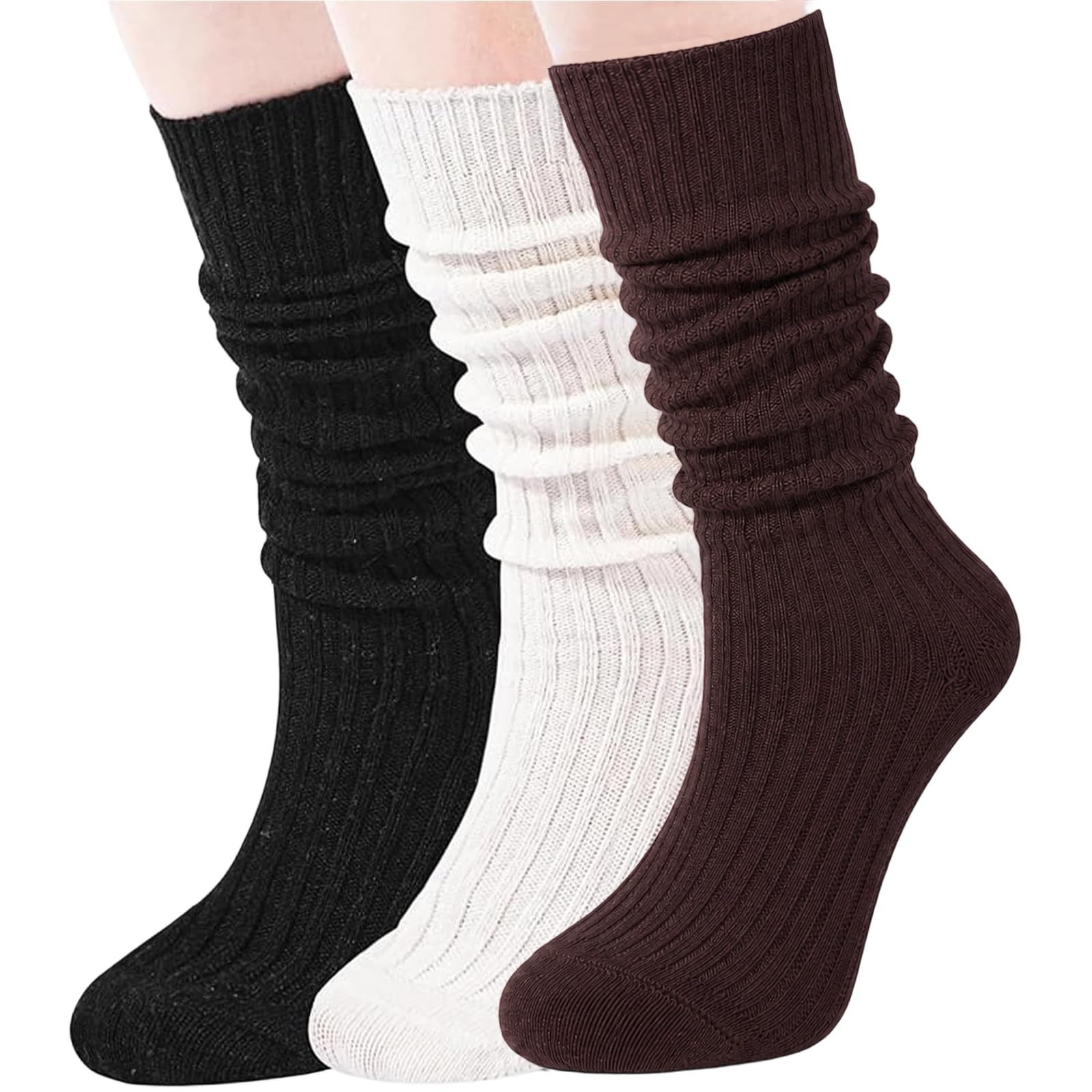 Moon Wood 3 Pairs Ladies Winter Wool Stockings Knee High Socks with Cable Knit Oblique Knit Socks Size 36-42 - Black White Brown