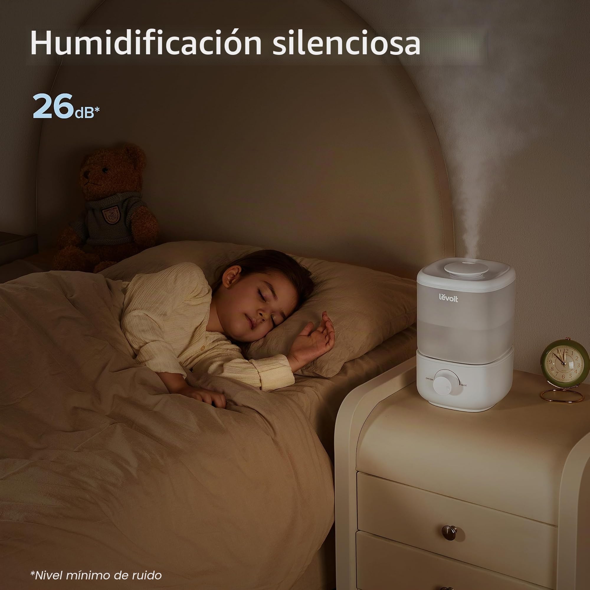 LEVOIT Humidificador para dormitorio, ultra silencioso de 26 dB, fácil de llenar y limpiar, humidificador de aire de niebla fría para el hogar, guardería y plantas con boquilla de rotación de 360°