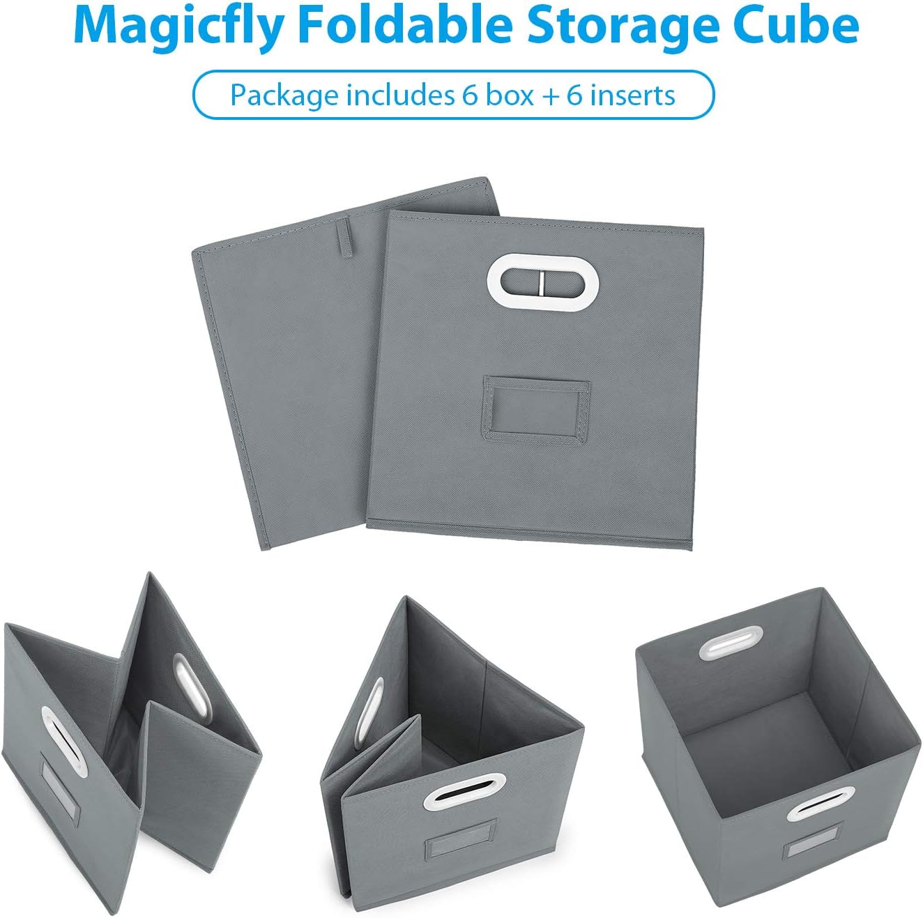 Magicfly Storae Cubes with Label, Set of 6 Foldable Cubby Storage Bins for Shelves 12X 12 Inch Fabric Closet Bins with Dual Plastic Handle for Home Organizer, Bedroom, Gray