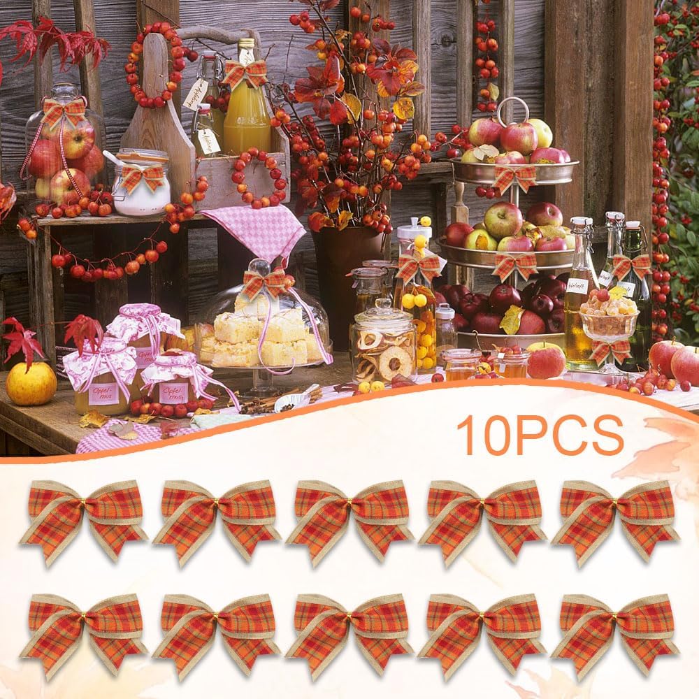 Estivaux 10 PCS Fall Bows for Wreath, Thanksgiving Wreath Bows Orange Red Buffalo Plaid Bow Natural Burlap Craft Bow Holiday Farmhouse Tree Bows for Basket Autumn Thanksgiving Decorations Supplies