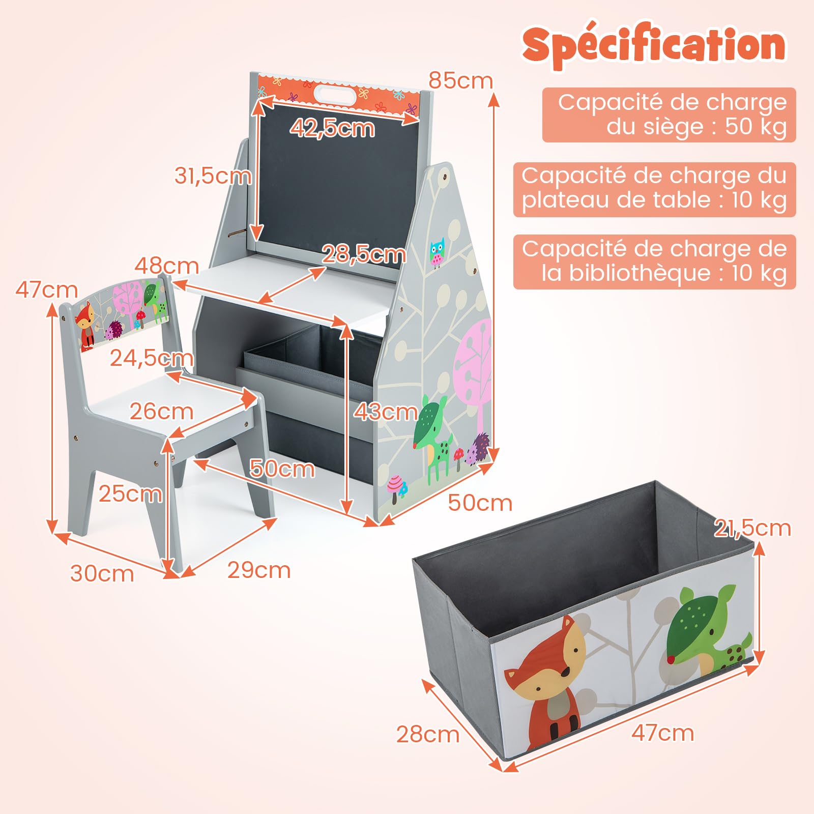 COSTWAY Table Enfants 3 en 1 avec Chaise et Tableau Double Face Réglable, Table à Dessin avec Bac en Tissu, Bibliothèque pour Jouets Livres, Charge 50/10kg Gris