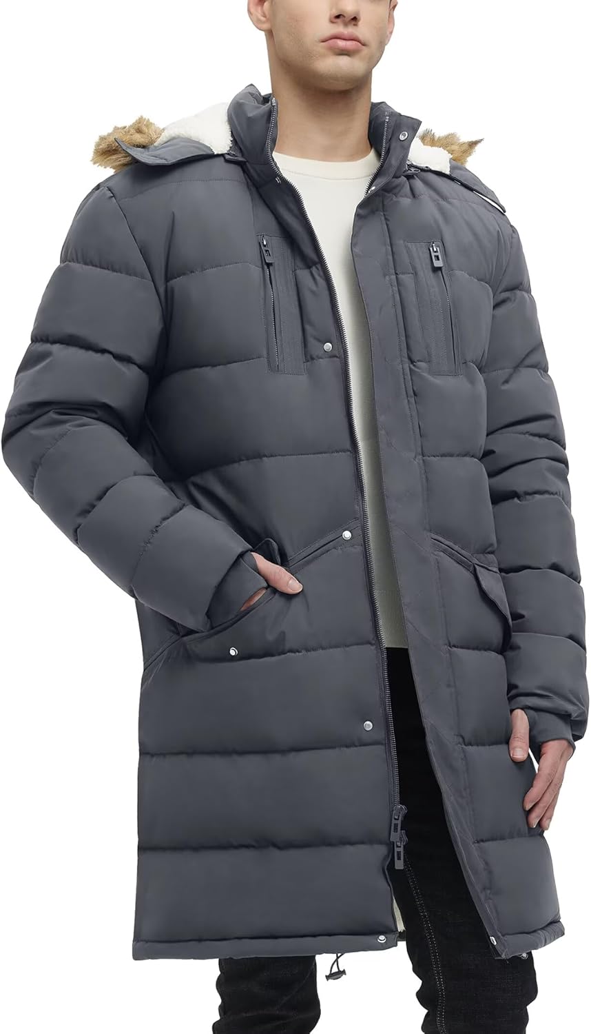 Men's Extra Long Fleece Puffer Jacket Outerwear Winter Coats Hooded Parka Warm Water-resistant Cold Weather - Image 4