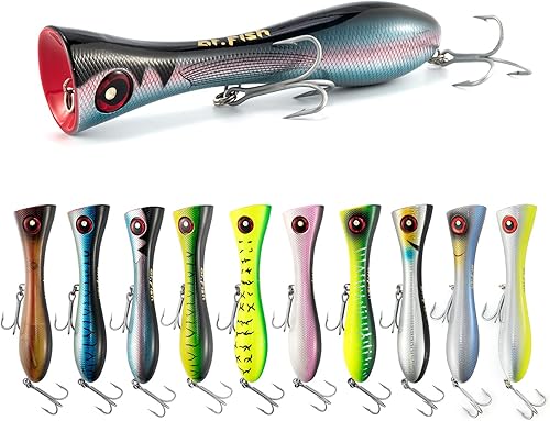 Miniatura 7 de Dr.Fish Topwater Popper - Señuelos de pesca de agua salada, 8 pulgadas GT Popper VMC anzuelos agudos para surf señuelos de pesca para Striper Atún