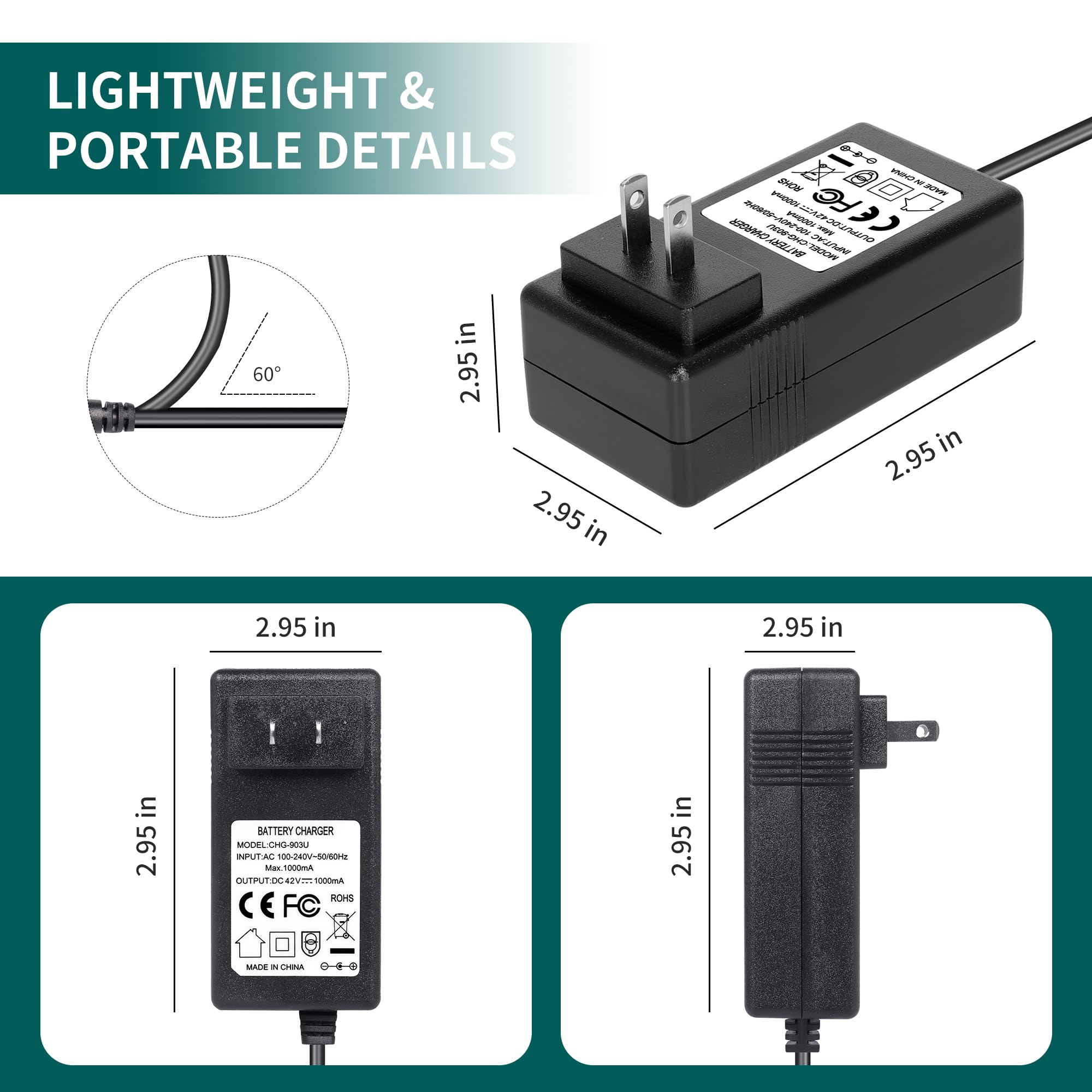 WA3747 40V MAX Lithium Ion Battery Charger for Worx WA3580 WA3536 Battery, Portable Replacement Charger Compatible with Worx 40V Lithium Batteries WG180 WG280 WG380 WG580 WG776