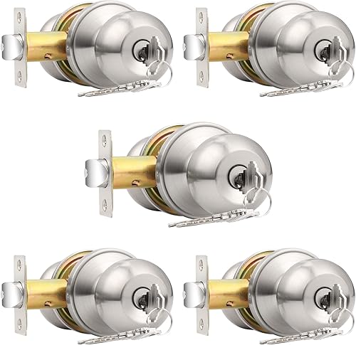 Probrico - (Paquete de 5) perillas de puerta con llaves iguales, paquete combinado, perillas de puerta de entrada de bola de níquel cepillado, juego