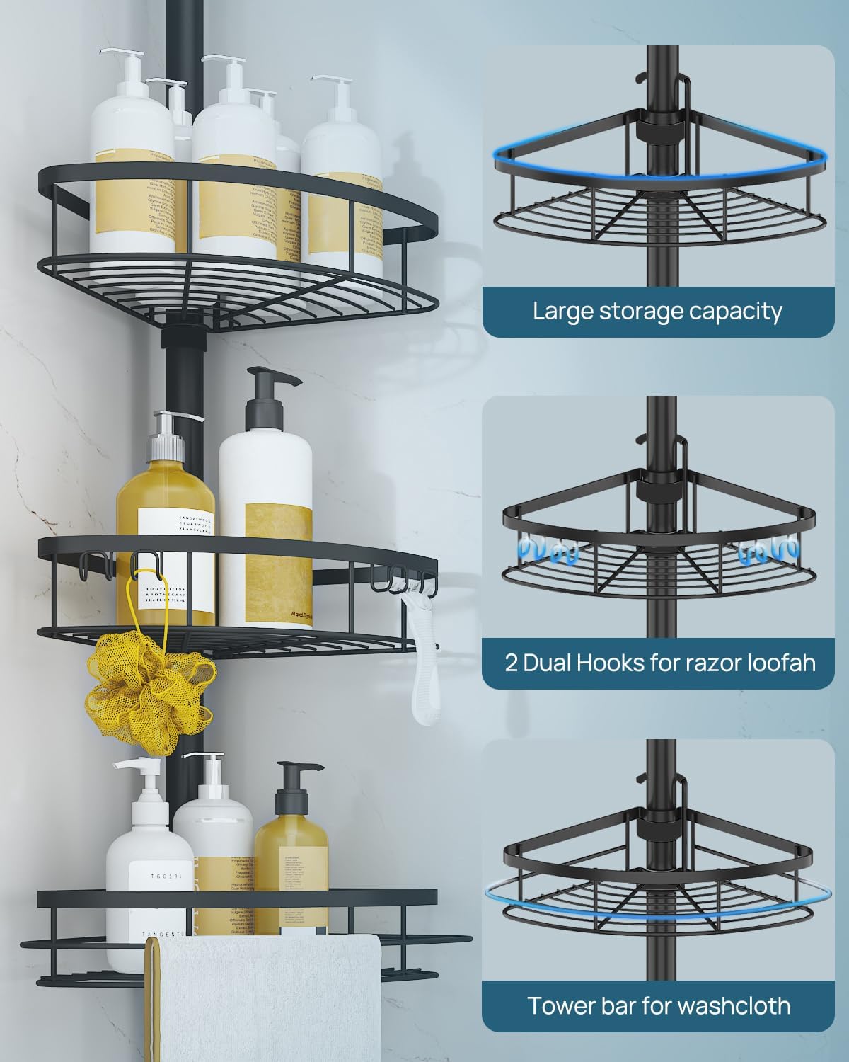 SEIRIONE Rustproof Shower Corner Caddy Organizer for Bathroom, 4-Tier Adjustable Bathroom Shelf with Tension Pole, Solid Rack Ideal for Bathtub Storage, 34 to 116 Inch Height, Black