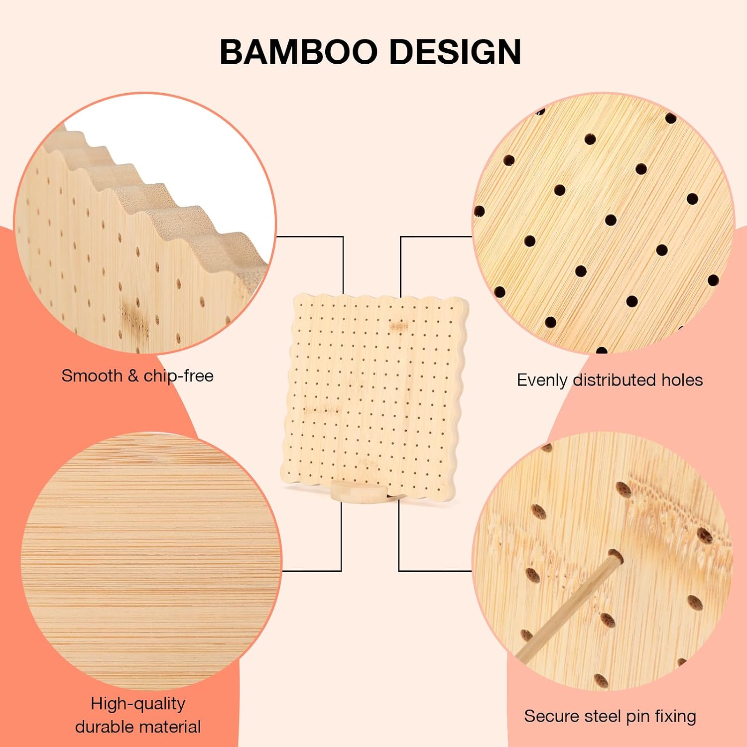 VINATO Bamboo Blocking Board 19.5 x 19.5 cm, Crochet Board with 196 Holes, 10 Stainless Steel Needles & Stand, Knitting Board for Granny Squares, Motifs and Lace Blocking, Medium Size