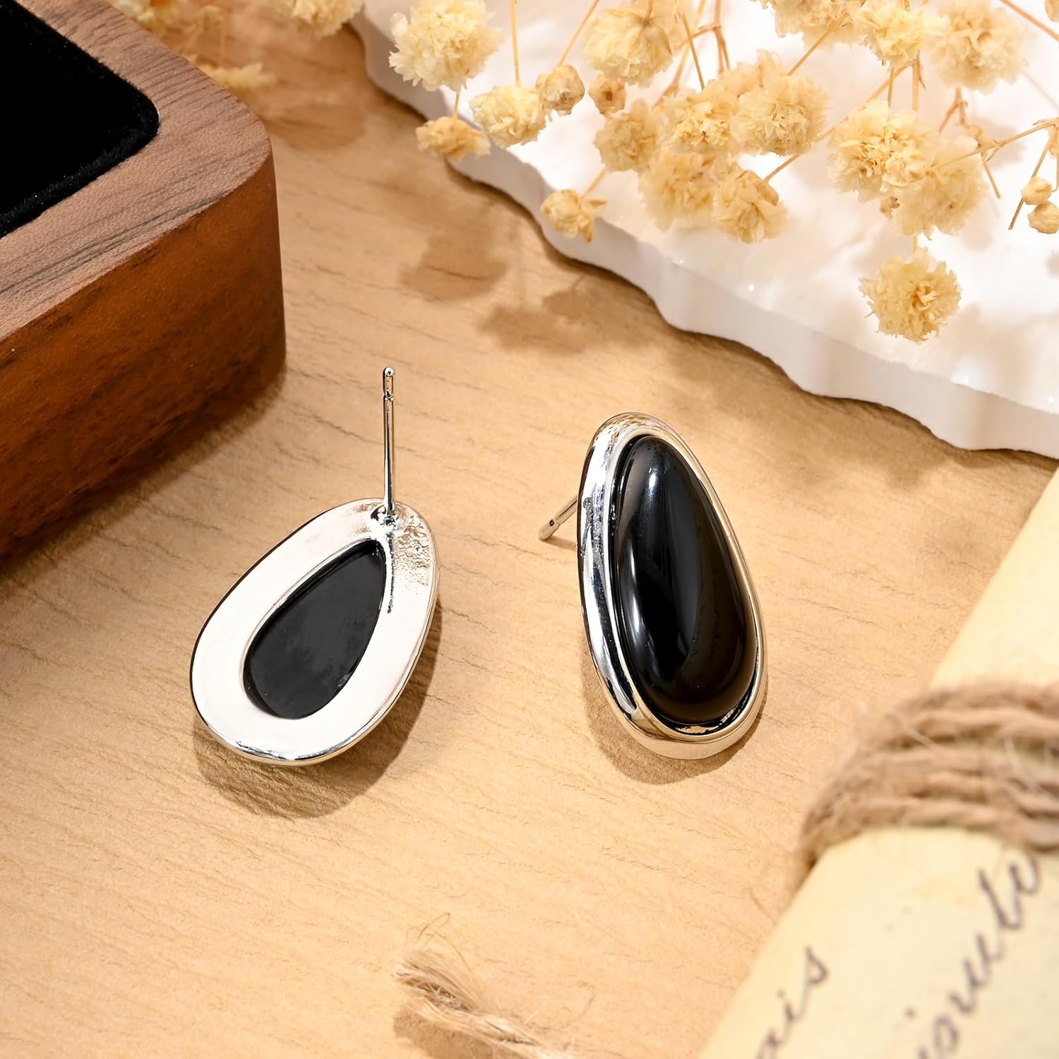 Wotforsh Black and Silver Teardrop Obsidian Natural Stone Stud Minimalist Simple Earrings for Women - Image 5