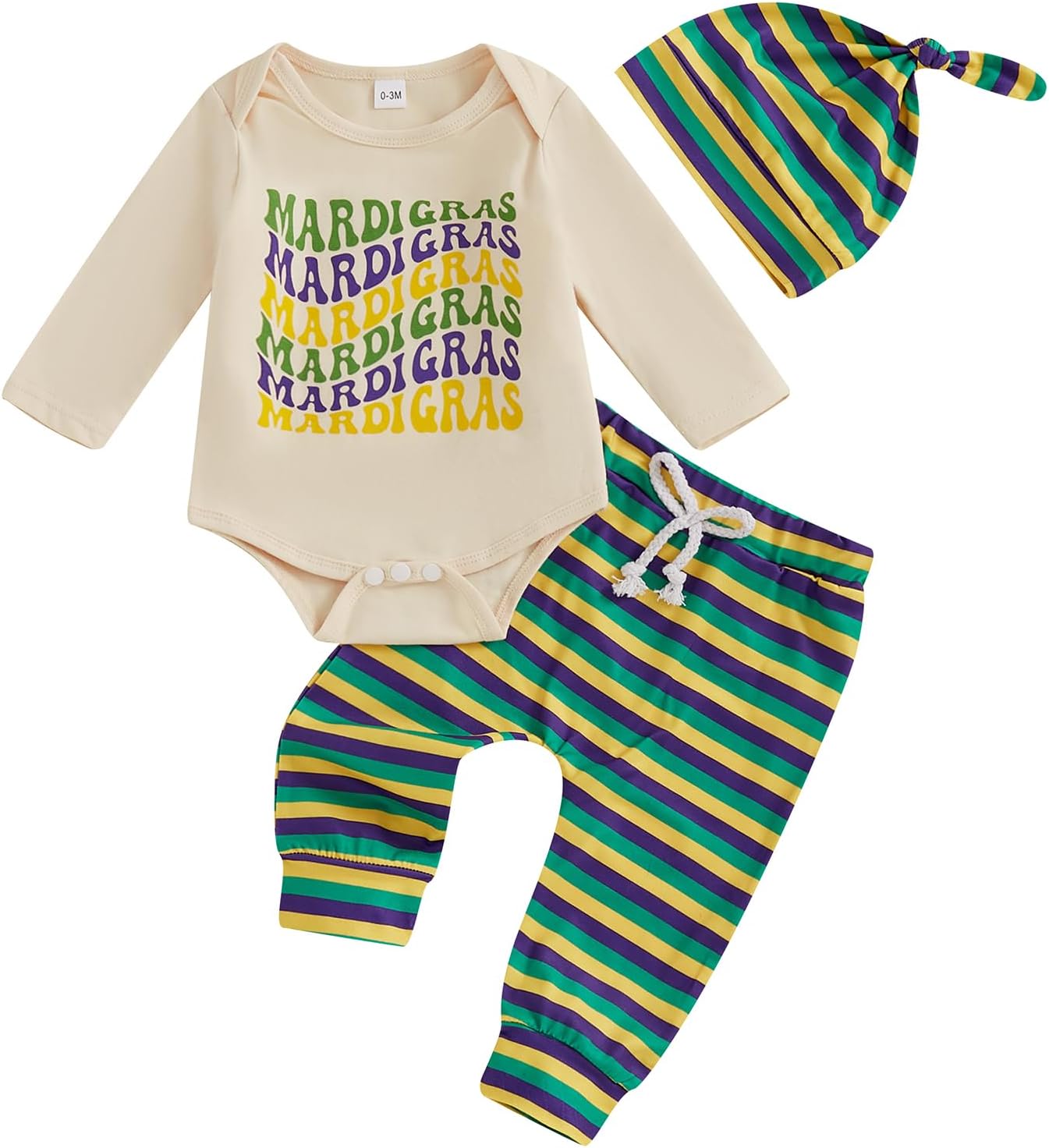 Honganda Newborn Baby Boy Mardi Gras Outfit Letters Print Bodysuit Romper Striped Pants with Hat Fall Carnival Clothes Set